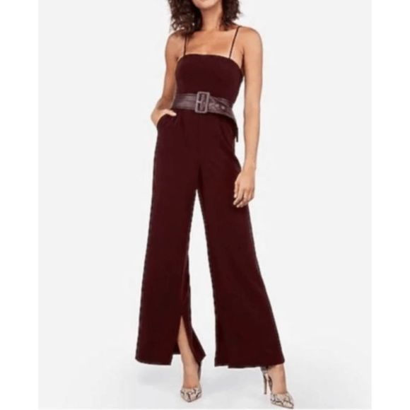 EXPRESS X NEGIN MIRSALEHI NWT Maroon BELTED WIDE LEG JUMPSUIT Size 8, MSRP $128 - Picture 1 of 11